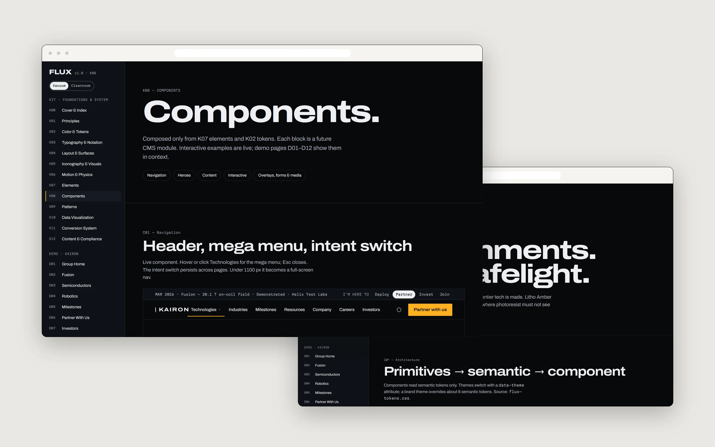 FLUX kit documentation: components and colour & token pages