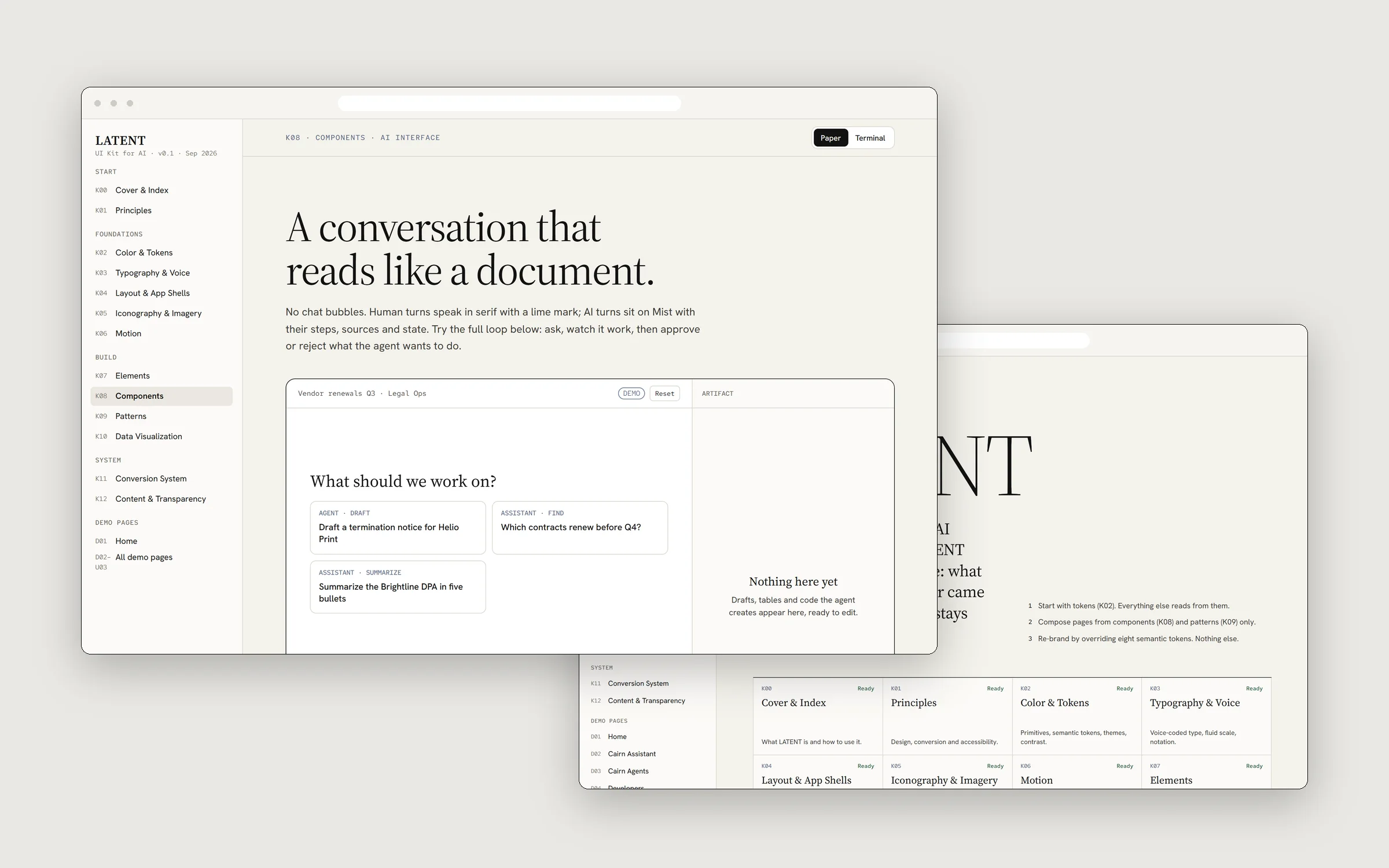 LATENT kit documentation: components and colour & token pages